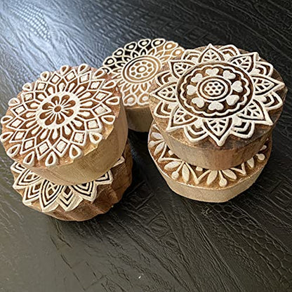 AnNafi® Traditional Mehendi Pattern Mandala and Round Wood Block Stamps (Set of 5) | Round Wooden Printing Block Stamp - DIY Henna Fabric Textile Paper Clay Pottery Block Printing Stamp