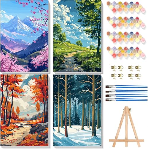 4 Pack Framed Paint by Numbers Kit for Adults Beginners, Four Season 8x12in - color: BKH1374+BKH1375+BKH1376+BKH1377-US