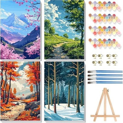 4 Pack Framed Paint by Numbers Kit for Adults Beginners, Four Season 8x12in - color: BKH1374+BKH1375+BKH1376+BKH1377-US