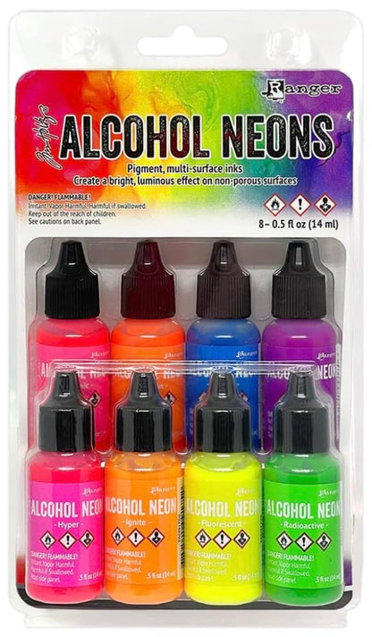 Tim Holtz Alcohol Neons, 8-Pack Ink Set with 0.5 fl oz Blending Solution