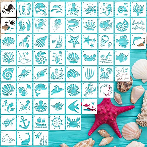 Sea Life Stencils for Kids, 64 Pcs 3 Inch for Cards Rocks Journals | Reusable & Easy to Clean, Ocean Gift Tags & Mini Signs, Family Crafts, Summer Classroom Projects, Beginner Friendly - color: Ocean