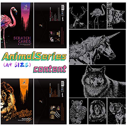 DESINIK Scratch Painting Art for Adults -Scratch Painting Foil Art for Adults, Scratchboard Set(A4) with 4 Tools & 8 Sheets, Animal Series Creative Set (Lion and Bird) - color: Lion and Bird