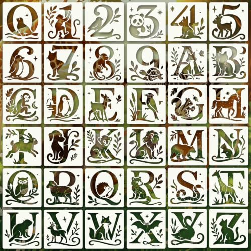 Letter Stencils for Crafts Reusable 36Pcs Number Stencils(5.1X5.1 in) - color: Animal Letter