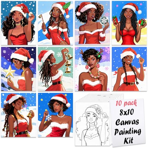 Nuberlic Christmas Pre Drawn Canvas Painting Kits for Sip and Paint Party Black Girls Hangout Yule Girls Paint and Sip Party Supplies Xmas Home Decorations Gifts 10Pcs 8x10 inch - size: 8x10, style: Christmas girl