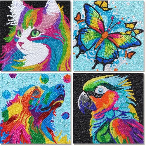 Libfx Diamond Art Kits for Kids 4 PCS Diamond Art for Girls Boys Beginners Arts and Crafts for Kids(Parrot-Cat) - color: colorful-01