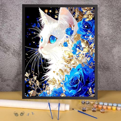 RICUVED Cat Paint by Numbers for Adults, Flowers Paint by Numbers Kit for Adults Beginners, DIY Acrylic Oil Painting on Canvas Easy for Gift Home Wall Decor 16x20 Inch - color: SO028
