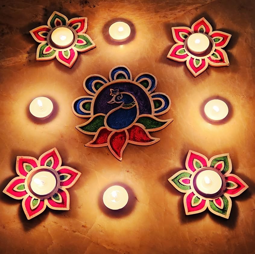 DIY Wooden MDF Rangoli KIT with Rangoli Colors | Tea Light Rangoli KIT| Rangoli Powder,Diwali Decorations, 3 D Rangoli Stencils (Peacock Rangoli kit Set of 5) - style: peacock rangoli kit set of 5