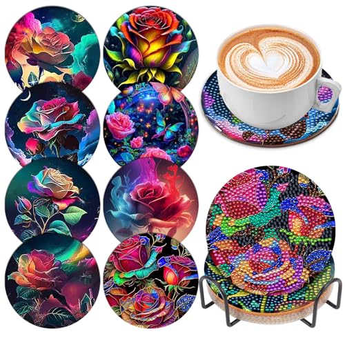 8 Pcs Diamond Painting Coasters with Holder, DIY Oil Peony Rose Flower Diamond Art Coasters for Drinks Diamond Painting Kits for Beginners, Diamond Art Kits Craft Supplies for Adults Kids Coaster Gift - color: Oil Rose Flower