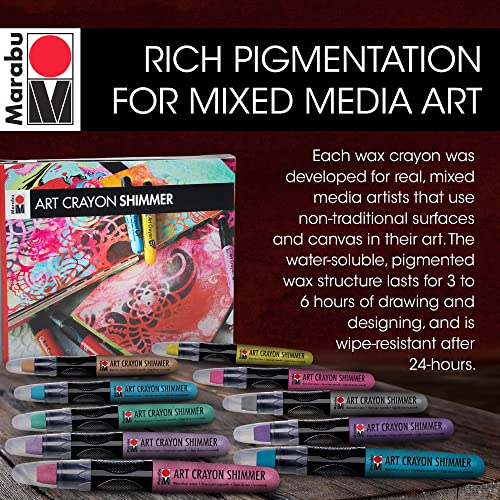 Marabu Art Crayons Shimmer Set - 10 Highly Pigmented Metallic Watercolor Crayons - Smooth and Easy Blending Water Soluble Crayons for Mixed Media Artists - Arts and Crafts for Adults