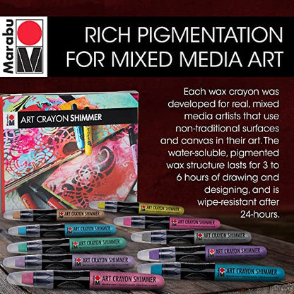 Marabu Art Crayons Shimmer Set - 10 Highly Pigmented Metallic Watercolor Crayons - Smooth and Easy Blending Water Soluble Crayons for Mixed Media Artists - Arts and Crafts for Adults