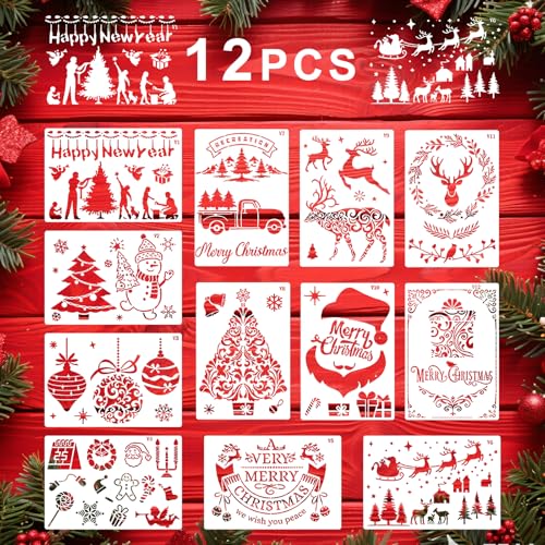 Reusable Christmas Stencils Set of 12 - Stencils for Painting On Wood, Walls, Fabric,Windows - Santa, Snowman, Pine Tree, Deer Xmas Holiday Stencil for Christmas Decorations (Christmas-7v) - style: Christmas-7v