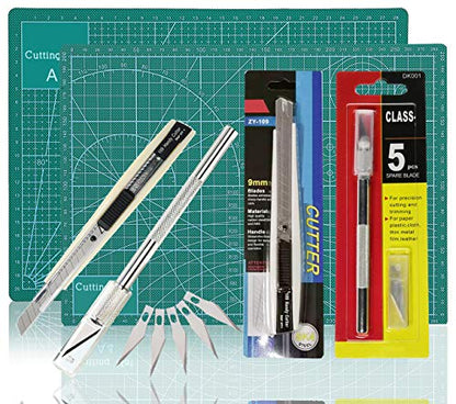 Green Self Healing Cutting Mat 5-ply Durable Double Sided Mat Set with Sharp Precision Cutters Non-Slip Rotary 9x12 inches Cutting Mat for Home Office Quilting Sewing Art Graphic Projects