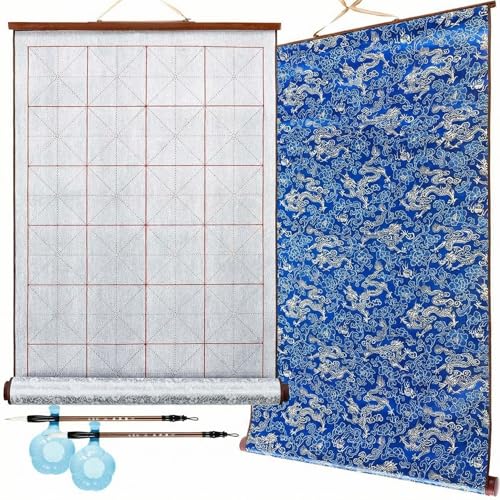 Jaloro Chinese Calligraphy Water Writing Cloth Set, 6 Pcs | No Ink Reusable Practice Scroll Canvas with Brushes and Water Dishes for Beginners