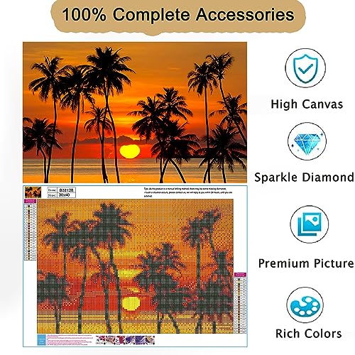 Yunnuo Palm Tree Diamond Art Kit for Adults and Beginners, 12x16 in | Full Round Drill Diamond Dot Canvas, Tropical Beach Sunset, 5D DIY Landscape Gem Art Painting for Home Wall Decor - color: B001-Beach Sunset 30x40cm