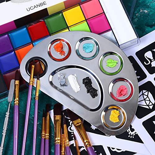 UCANBE Athena Face Body Paint Oil Makeup Set, 20 Colors FX Halloween Party Painting with Stainless Steel Mixing Palette and Spatula Tool,10 pcs Artist Paintbrushes,Tattoo Stencil Arts Crafts kit - color: All in one kit