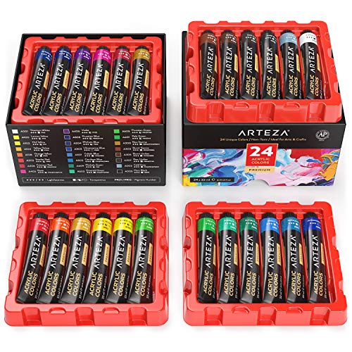 ARTEZA Acrylic Paint Set, 24 Colors, 22 ml / 0.74 oz Tubes, High-Viscosity