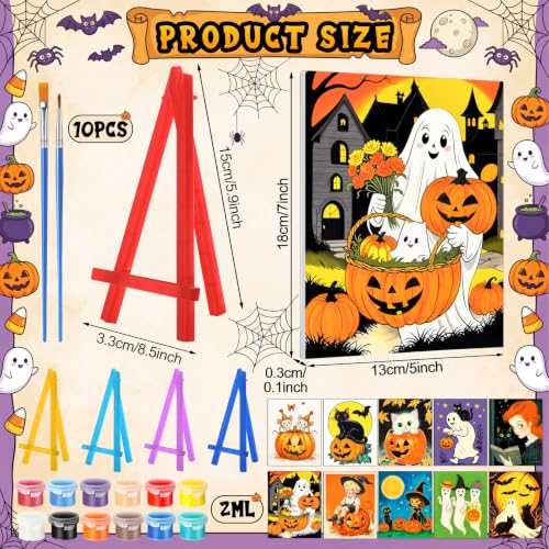 Blosssound 10 Set Halloween Pre Printed Canvas for Painting 5x7, Vintage | Sip and Paint Kit, Halloween Pre Drawn Outline Canvas with Wood Easels, Acrylic Paints, Beginner Friendly DIY Project - style: Vintage Halloween