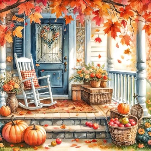GEWOUVIN Fall Couryard Diamond Art Kits for Adults,Autumn Chair Diamond Painting Kits for Adults Beginners, DIY Full 5D Round Drill Gem Art Kits for Gift Home Wall Decor【13.8x13.8inch】 - color: Maple & Pumpkin