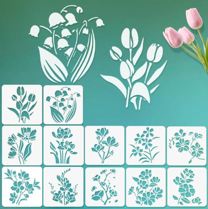 12 Pcs Large Flower Stencils for Painting, 5.12 X 5.12 Inch Flower Stencils for Crafts Reusable, Wood and Wall Stencils for Painting Large Pattern, DIY Templates Holiday Wall Paper (I) - style: I