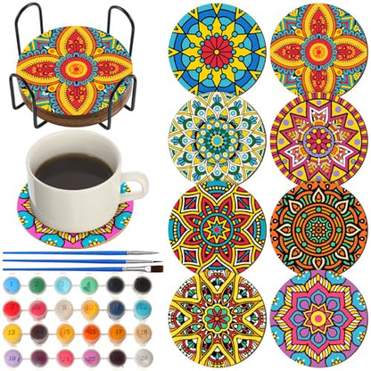 Reallnaive 8 Pcs Mandala Paint by Numbers Kit for Adults Wooden Coasters | Mini Floral Paint by Numbers, Tiny Flower Round Oil Painting Drink Coaster with Holder, for Small DIY Craft Birthday Gift - style: Mandala