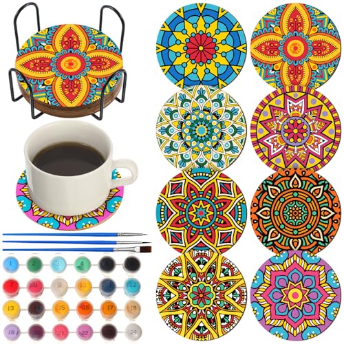 Reallnaive 8 Pcs Mandala Paint by Numbers Kit for Adults Wooden Coasters | Mini Floral Paint by Numbers, Tiny Flower Round Oil Painting Drink Coaster with Holder, for Small DIY Craft Birthday Gift - style: Mandala