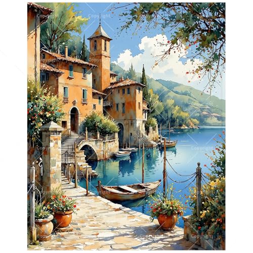 Lakeside Village Paint by Numbers Kit for Adults - DIY Italian Village with Boats on Lake Painting on Canvas, Acrylic Paint Set for Beginners, Art for Home Decoration or Gifts(16X20IN Framed) - color: HSX01289, size: 16X20IN Framed