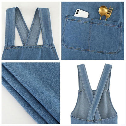 Cross Back Denim Apron with Front Pockets Women | Lightweight Adult Aprons , Gardening, Painting, Pottery & Crafting, Kitchen Cooking