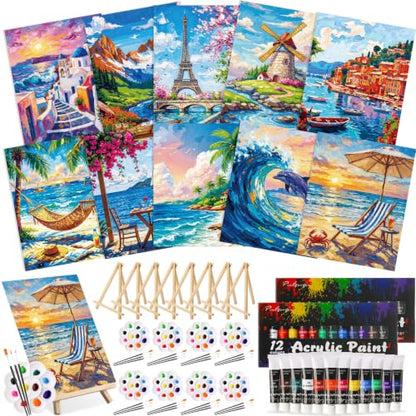 Ctosree 72 Pcs Seaside Scenery Paint and Sip Kit for Adults 8'' x 10'' Pre Drawn Canvas for Painting DIY Pre Printed Canvas for Party Favor Acrylic Painting Kit Wood Easel Brushes Date Night Bulk - style: Seaside Scenery