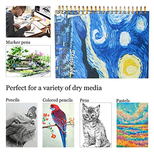 Starry Night Aesthetic Art Mix Media Sketchbook,98lb/160gsm Acid Free Thick Paper Drawing Sketching,1 Pack of A4 Blank Spiral Bound Journal Notebook, Sketch Pad Book for Student and Adult - color: Starry Night A4
