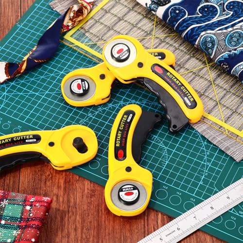 Lothee 12 Set 45mm Rotary Cutter for Fabric, Ergonomic Handle Rolling Cutter with Safety Lock for Fabric, Sewing, Quilting, Cloth, Paper, Leather, Arts Crafts Dressmaking (Yellow) - color: Yellow