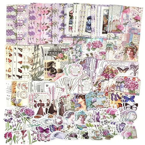 Esweny 200PCS Vintage Scrapbooking Supplies Pack, Aesthetic Scrapbook Sticker Paper Art Journaling Kit for Junk Journals,Planner,Cottagecore Decor Gifts (Purple Series) - color: Purple Series