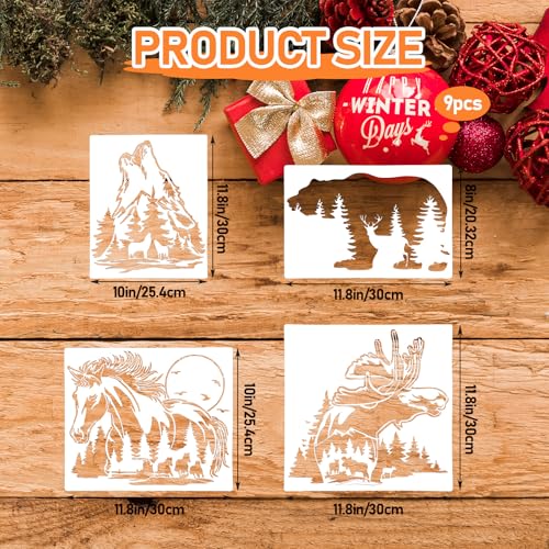 9 Pcs Animal Wood Burning Stencils - Deer, Bear, Horse, Moose, Owl, Fish, Wolf, Fence & Spray Painting Drawing Templates for Wood & Fabric DIY Crafts