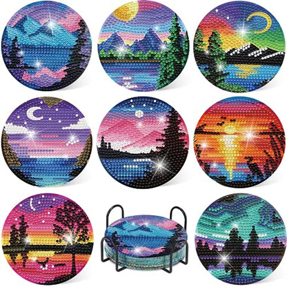 8 Pcs Diamond Art Coasters Kits with Holder, Landscape DIY Diamond Paintings Coaster Kits,Scenery Full Drill Rhinestone Painting Kits for Adults Beginners Art Craft Supplie for Tabletop Protection.