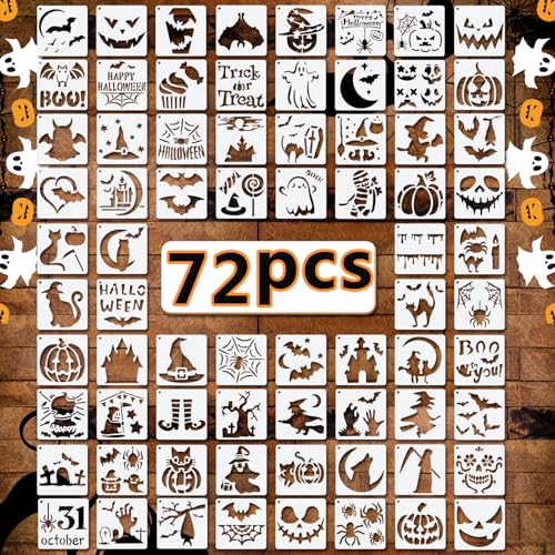 72 PCS 3x3 Inch Halloween Stencils for Painting - Pumpkin, Ghost, Bat, Spider Web Witch Skull Reusable Halloween Painting Templates on Wood, Glass, Fabric, Window Door Decor DIY Decoration - style: 72PCS Halloween