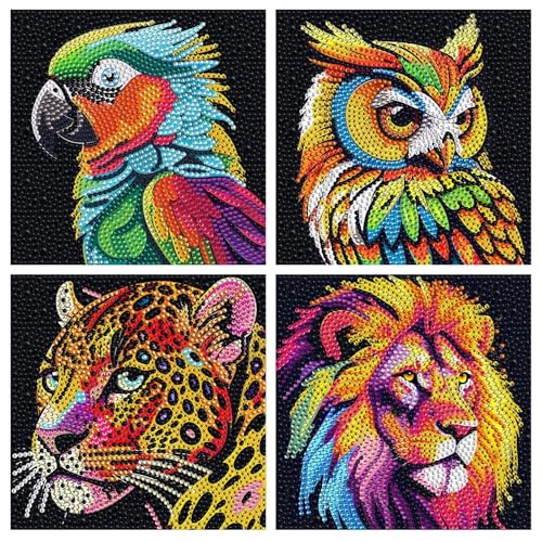 JATOK 4 Pack Diamond Painting Kits for Kids, Cartoon Animals DIY Diamond Arts Mosaic Kits for Adults Beginner, Full Round Drill Gem Art for Home Wall Decor Gift 15x15CM/6x6in - color: Cyan