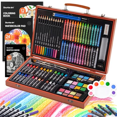 Shuttle Art 106 Piece Deluxe Art Set, Art Supplies in Wooden Case, Painting Drawing Art Kit with Crayons Colored Pencils Oil Pastels Watercolor Cakes Coloring Book Sketch Pad for Kids Adults - color: Brown, size: 106 Piece Set