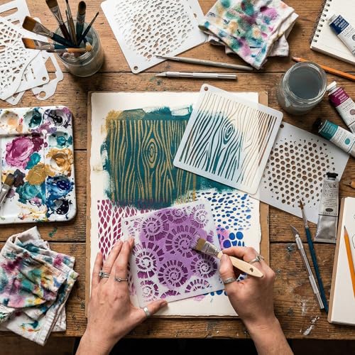 16PCS Reusable Geometric Stencils for Crafts Painting,6x6 Inch Mixed Texture Art Stencils for Wood Wall Furniture Fabric Floor,DIY Spray Paint Templates for Card Making Cake Decor Scrapbooking - style: 16PCS 6x6"