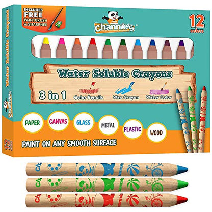 Channie's 3 in 1 Water Soluble Crayons for Kids: Wax Crayons, Color Pencils & Water Color, With Free Paint Brush & Sharpener, Paint on Any Smooth Surface, 12 Color Set