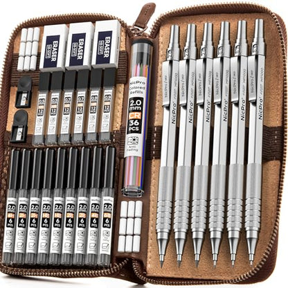 Nicpro 30PCS Silver Metal Mechanical Pencils Set in Leather Case | Art Drafting Pencil 0.5-0.9 mm, 2mm Lead Pencil Holders for Sketching Drawing, 16 Tube (6B 4B 2B HB 2H 4H Colors)Lead Refills - color: Silver
