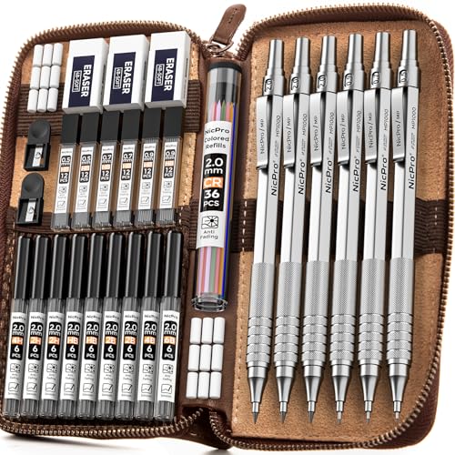 Nicpro 30PCS Silver Metal Mechanical Pencils Set in Leather Case | Art Drafting Pencil 0.5-0.9 mm, 2mm Lead Pencil Holders for Sketching Drawing, 16 Tube (6B 4B 2B HB 2H 4H Colors)Lead Refills - color: Silver