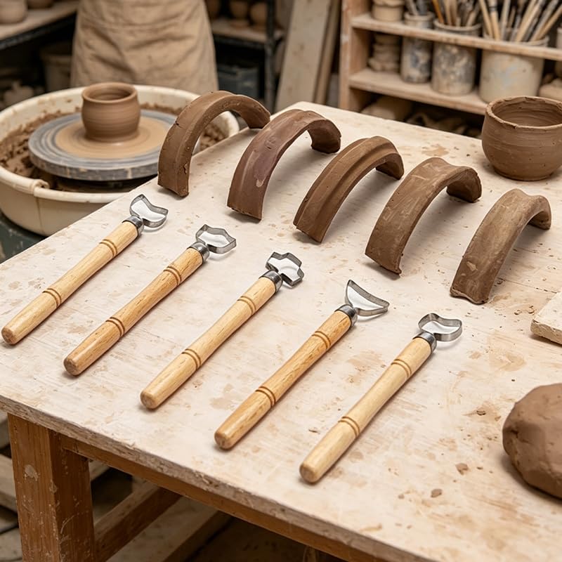 Pottery Clay Sculpture Scraper Set, Ceramic Handle Making Carving Tool for Cup Shaping Clay Trimming - 5 Style Metal Head with Wood Handle