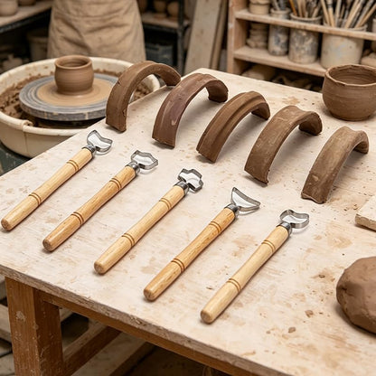 Pottery Clay Sculpture Scraper Set, Ceramic Handle Making Carving Tool for Cup Shaping Clay Trimming - 5 Style Metal Head with Wood Handle