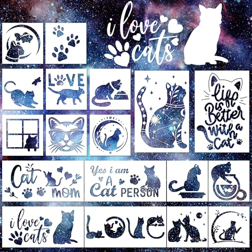 Keluna Cat Stencils - 18 Pack Reusable Plastic Drawing Templates for DIY Cat Painting Crafts on Wood, Canvas, Wall, Bag, Scrapbook & Home Decor - style: cats