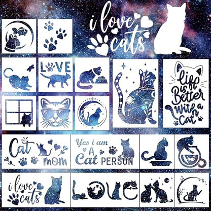 Keluna Cat Stencils - 18 Pack Reusable Plastic Drawing Templates for DIY Cat Painting Crafts on Wood, Canvas, Wall, Bag, Scrapbook & Home Decor - style: cats