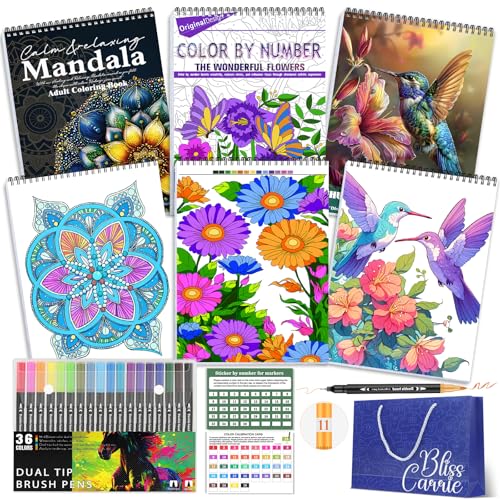 3Pcs Adult Coloring Books Set for Women Relaxation with 36 Colors Markers - style: Bird & Flower & Mandala
