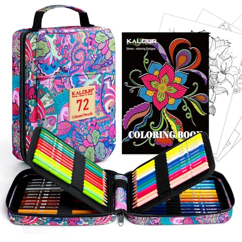 KALOUR 72 Colored Pencils for Adult Coloring Book,With Coloring Book,Zipper Slot Pencil Case,with Sharpener,Soft Core,7 Metallic Color,Ideal for Layering Blending,for Artists Beginners Kids(Pink)