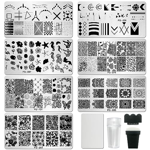 AddFavor Nail Stamper Kit 7pcs Nail Stamping Plates Flower Geometric Mandala Animal Image Nail Stencils with 2 Stamp and 2 Scraper for Home Salon Manicure Design Supplies Tools - color: Style D