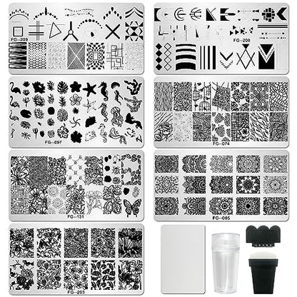 AddFavor Nail Stamper Kit 7pcs Nail Stamping Plates Flower Geometric Mandala Animal Image Nail Stencils with 2 Stamp and 2 Scraper for Home Salon Manicure Design Supplies Tools - color: Style D