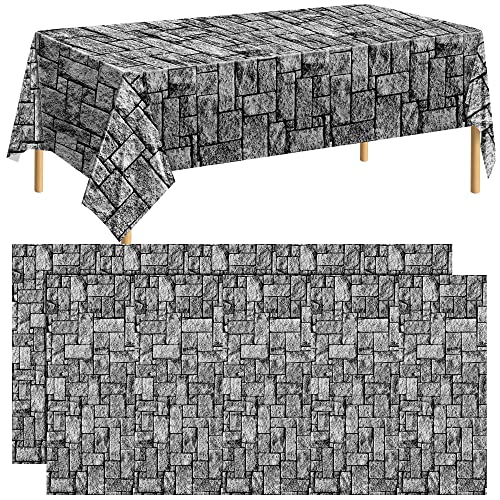 durony 2 Pieces Stone Wall Plastic Tablecloths Table Covers Waterproof Medieval Stone Brick Table Cover for Medieval Castle Knight Themed Party Table Decorations, 108 x 54 Inches - style: Stone Wall