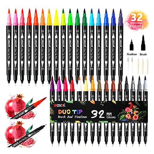 ZSCM 32 Colors Markers for Adult Coloring Books No Bleeding - Duo Tip Pens | Fine & Brush Coloring Marker for Adult Calligraphy, Illustration, Cards Drawing, Note taking Lettering, Journaling - color: 32 Colors